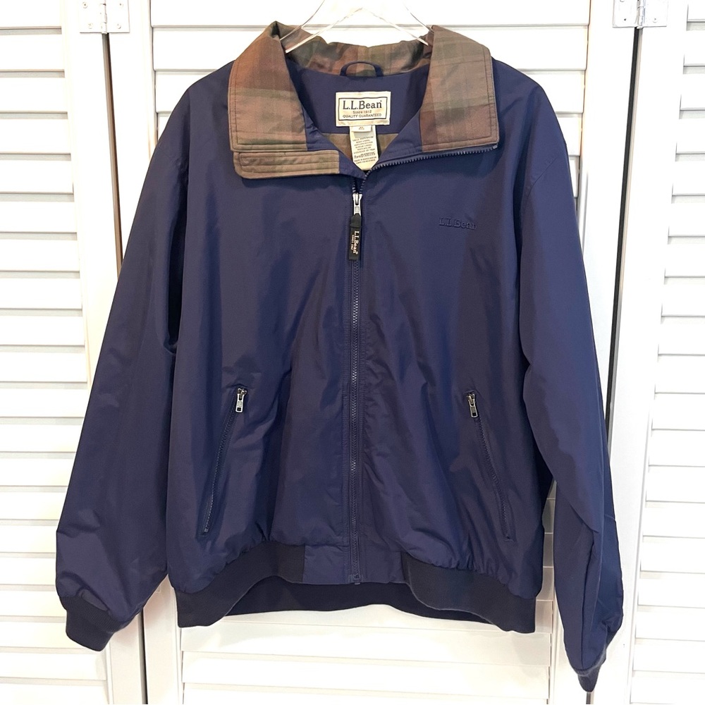 L.L. Bean Navy Jacket with Plaid Collar